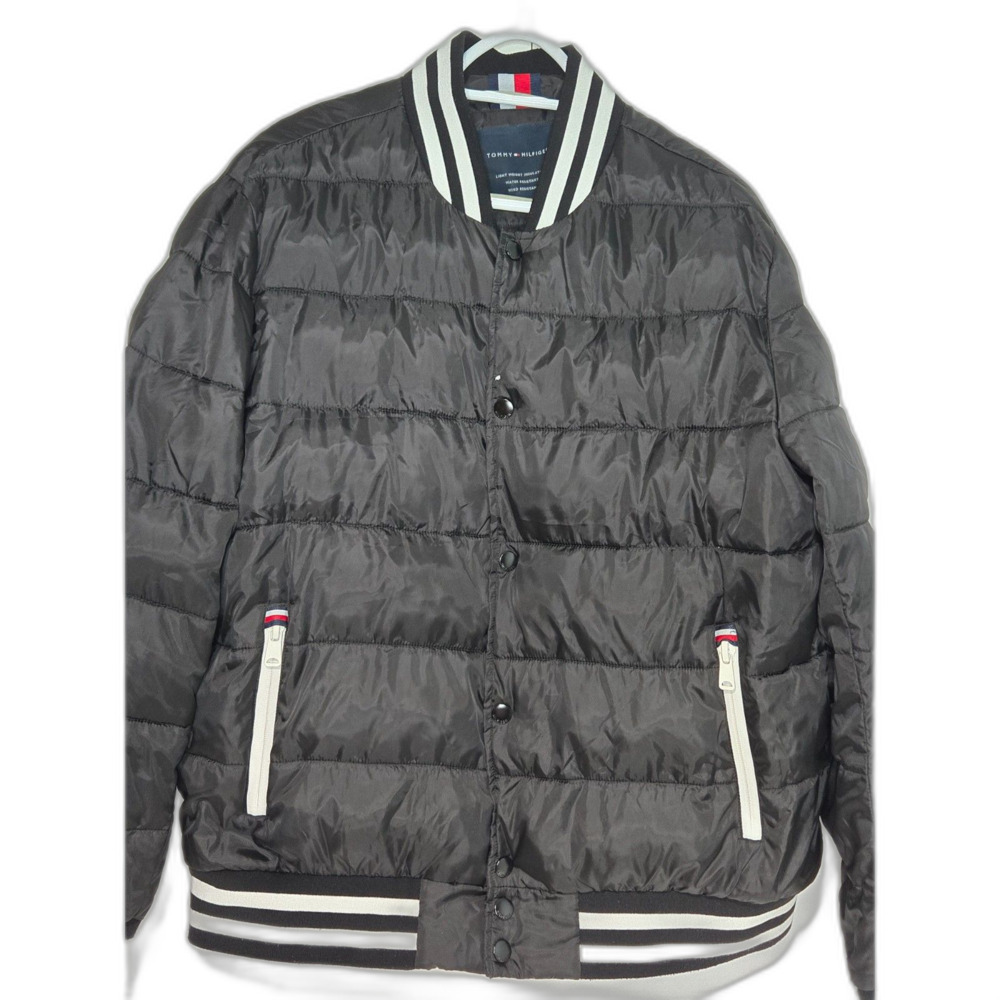 Tommy Hilfiger Lightweight Puffer Bomber Jacket | Men's Size Large Black Varsity
